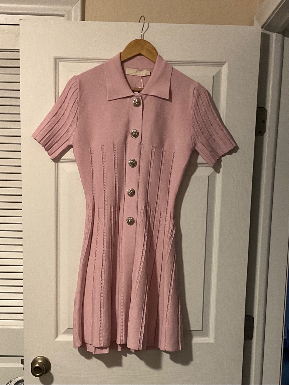 Short-Sleeve Pink Button-Front Knit Dress